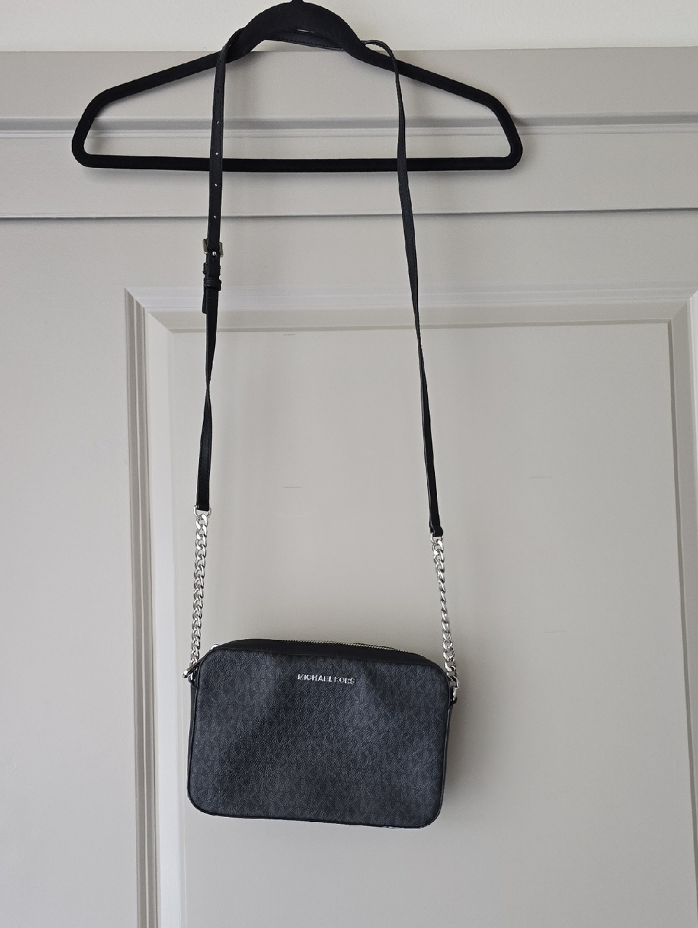 Michael Kors Black Monogram Crossbody Camera Bag with Silver Chain